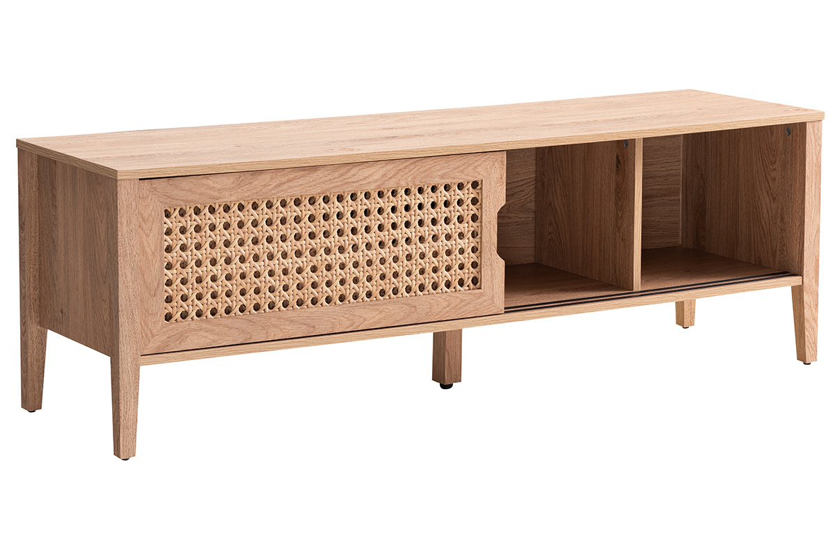 Meuble TV avec portes coulissantes bois et rotin synthtique PACHO