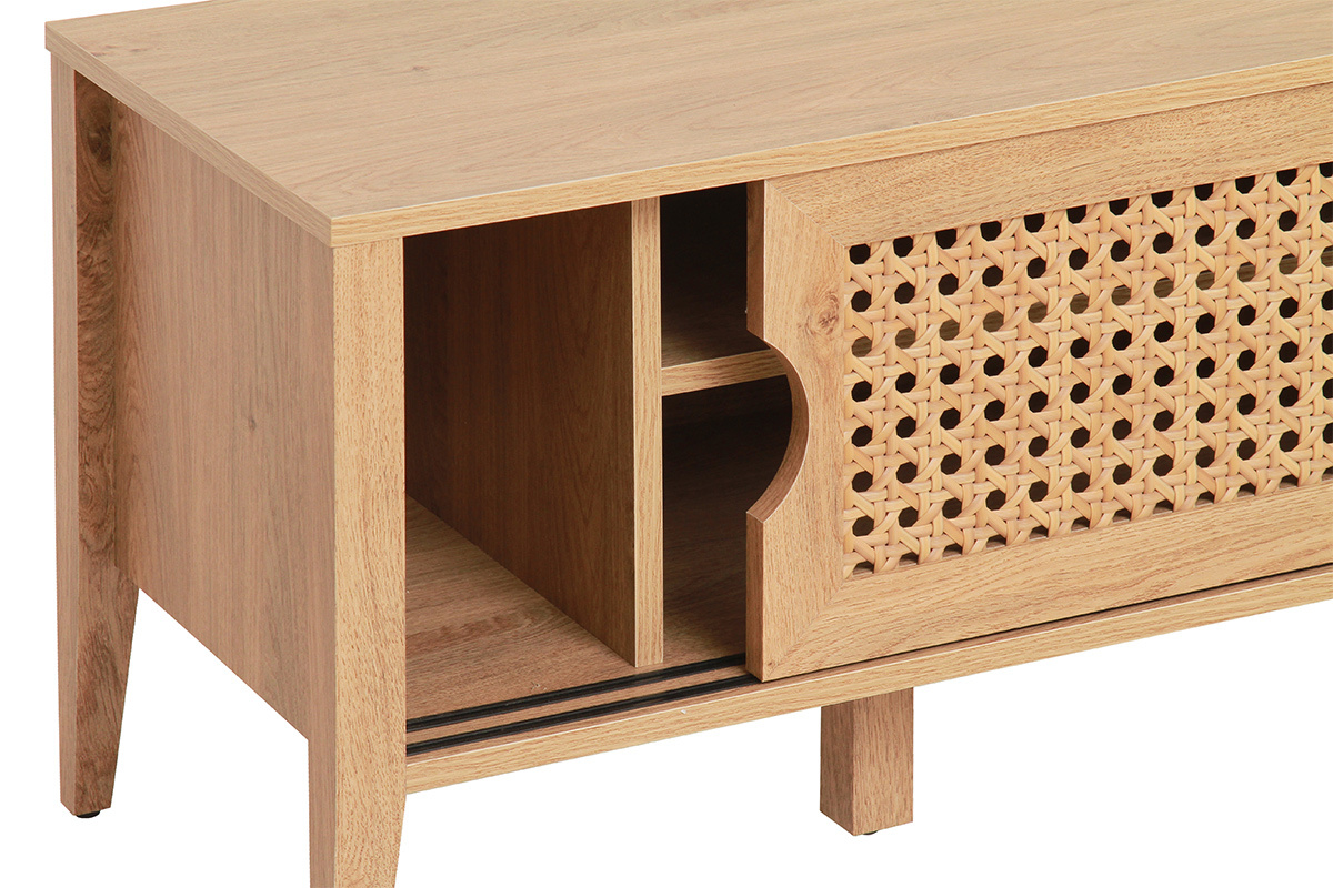 Meuble TV avec portes coulissantes bois et rotin synthtique PACHO