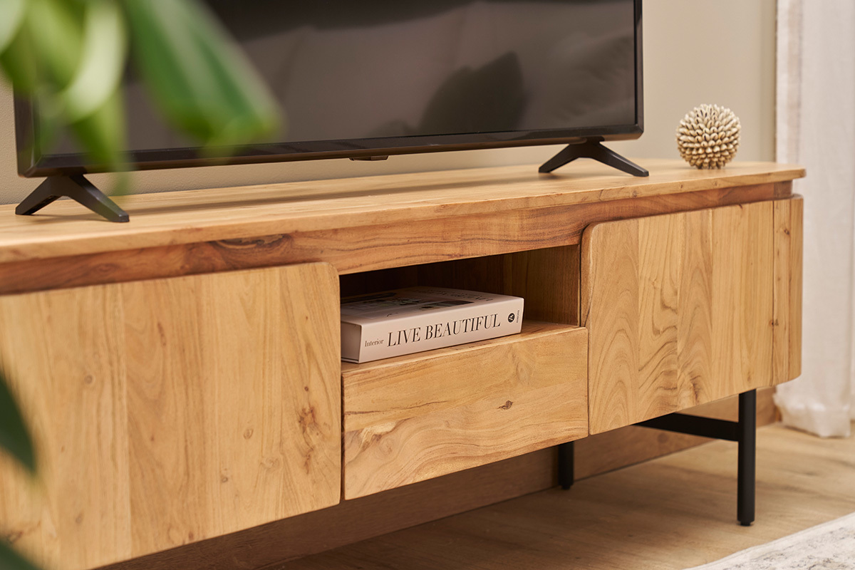 Meuble TV avec rangements en bois massif et mtal noir L160 cm NAPOLI