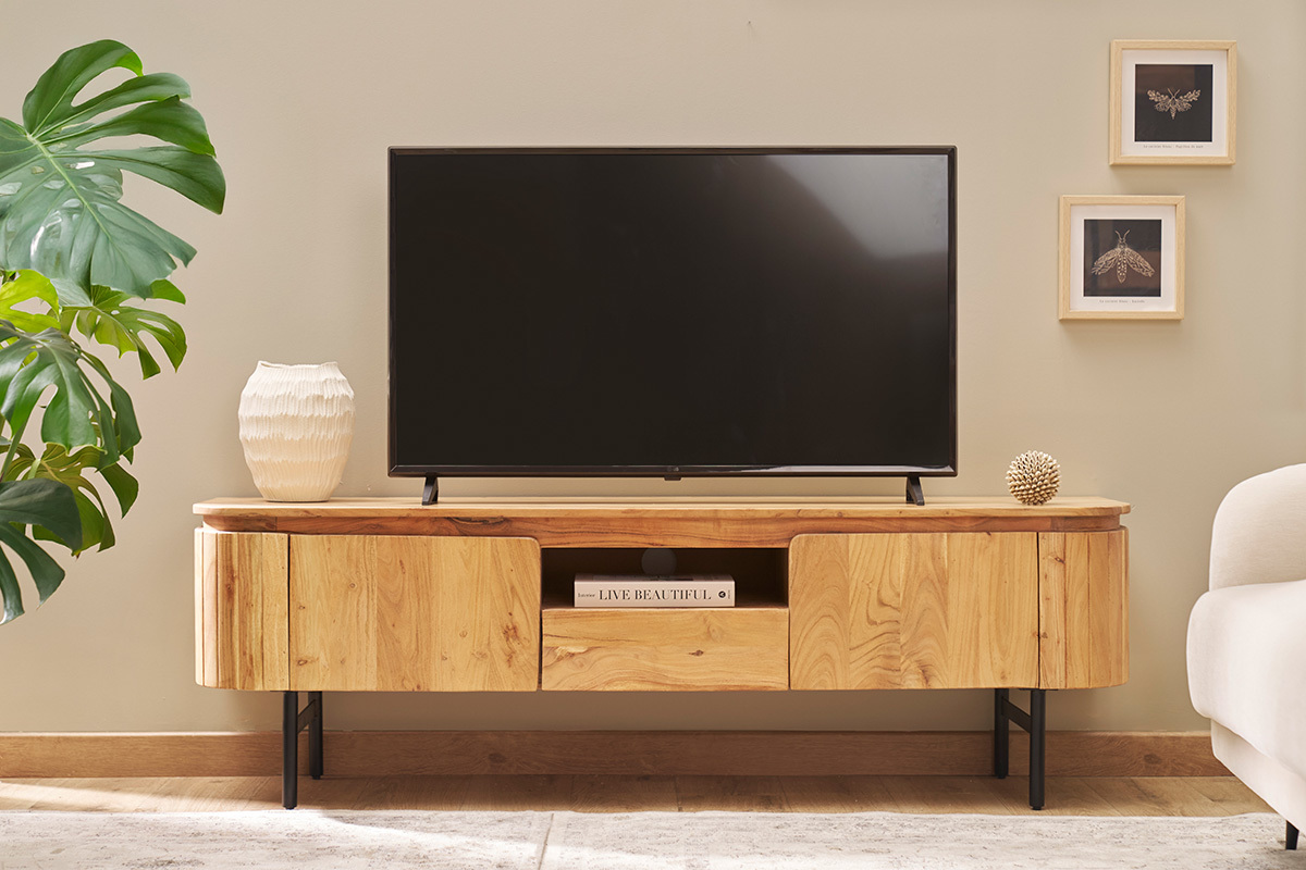 Meuble TV avec rangements en bois massif et mtal noir L160 cm NAPOLI