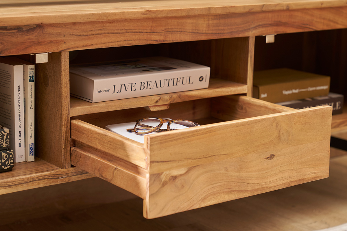 Meuble TV avec rangements en bois massif et mtal noir L160 cm NAPOLI