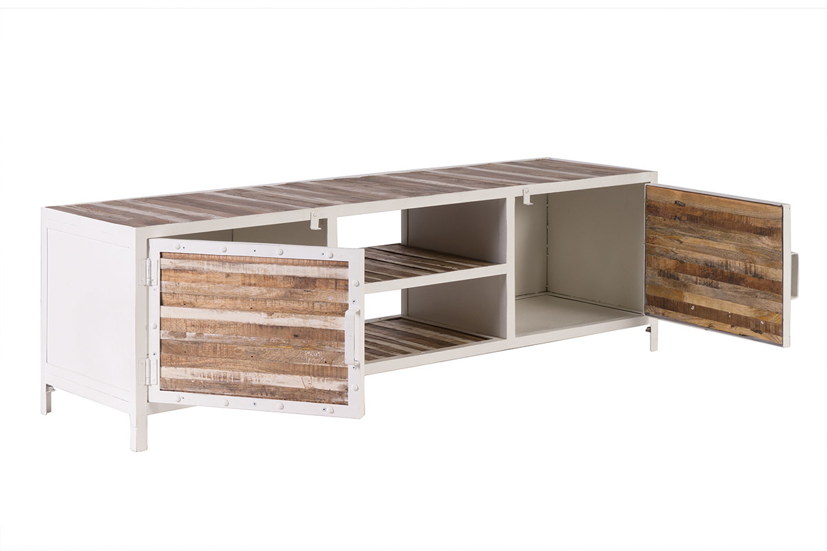 Meuble TV bois et m�tal blanc 150cm ROCHELLE