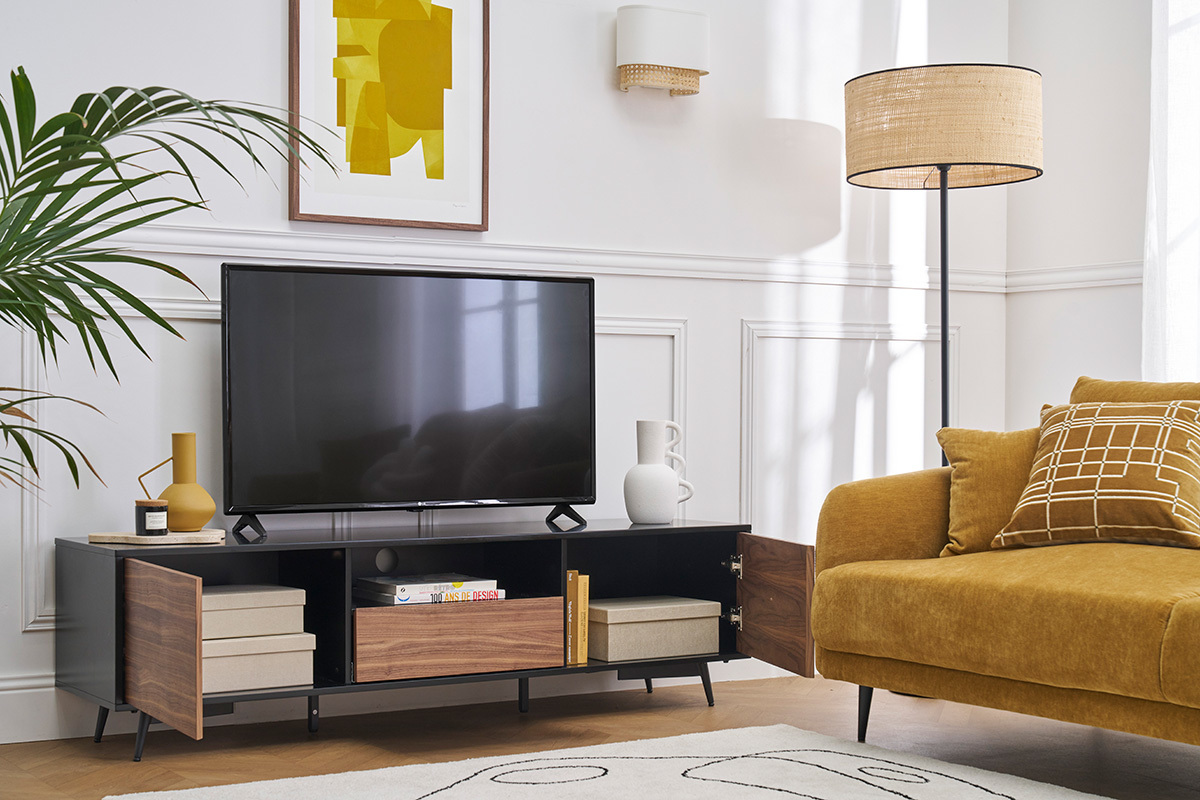 Meuble TV bois fonc noyer, noir mat et mtal noir 2 portes 1 tiroir L160 cm MERMOZ