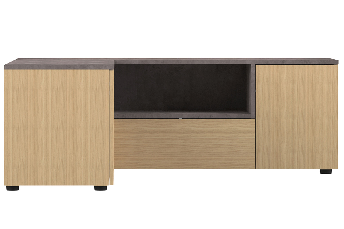 Meuble TV d'angle design bois et gris bton QUADRA