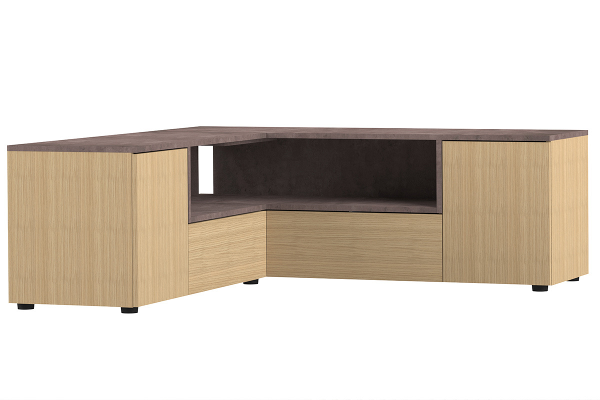 Meuble TV d'angle design bois et gris bton QUADRA