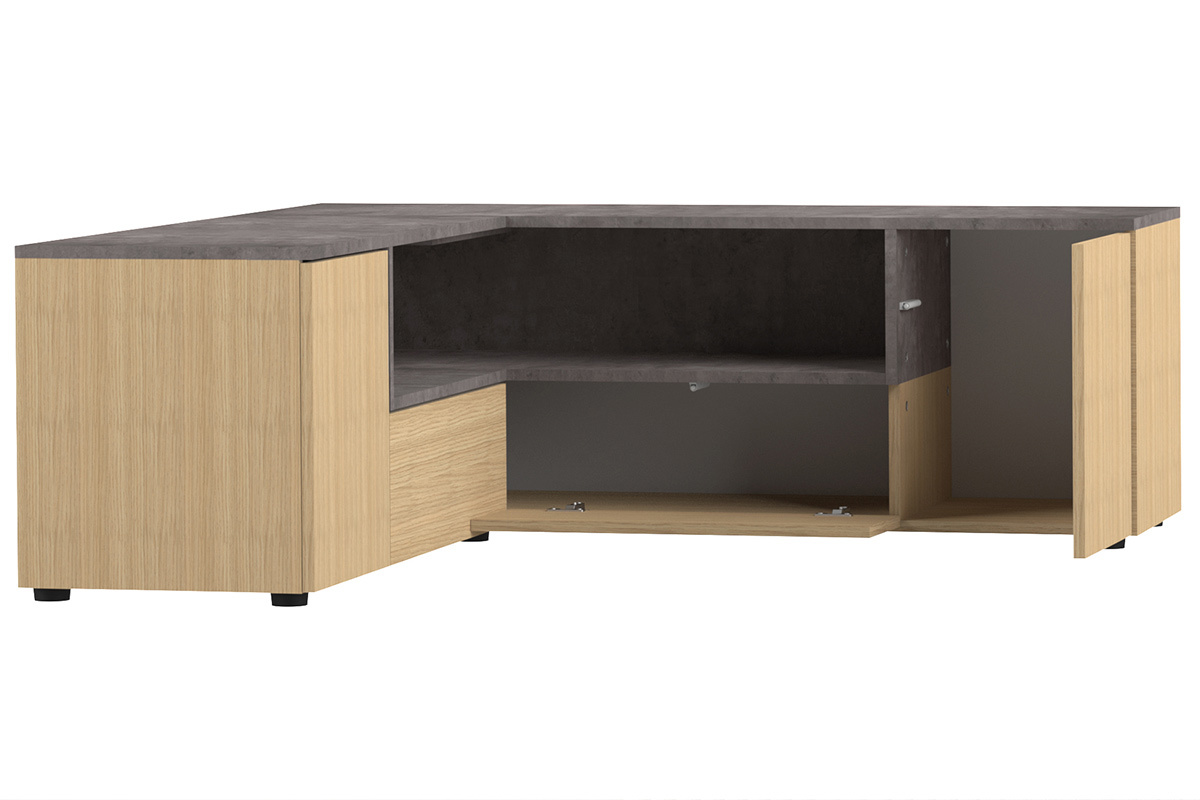 Meuble TV d'angle design bois et gris bton QUADRA