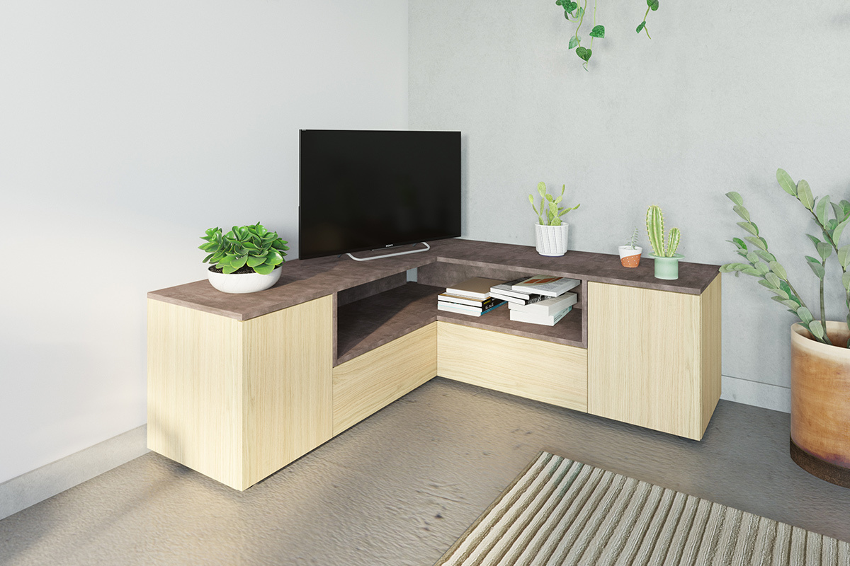 Meuble TV d'angle design bois et gris bton QUADRA