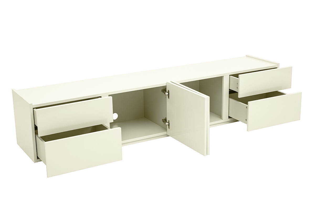 Meuble TV design beige laqu� brillant avec rangements L199.8 cm ISAURE