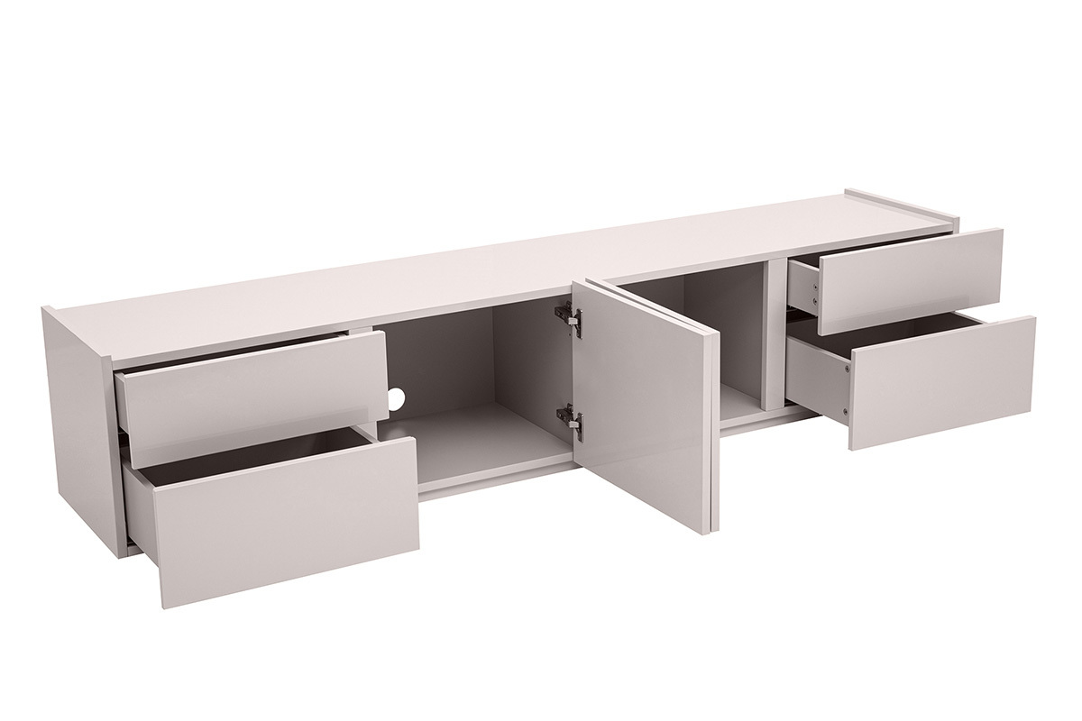 Meuble TV design beige laqu� brillant avec rangements L199.8 cm ISAURE