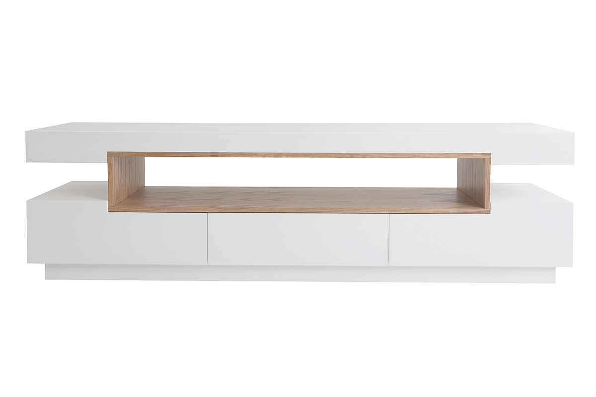 Meuble TV design blanc laqu� brillant et bois L200 cm LIVO