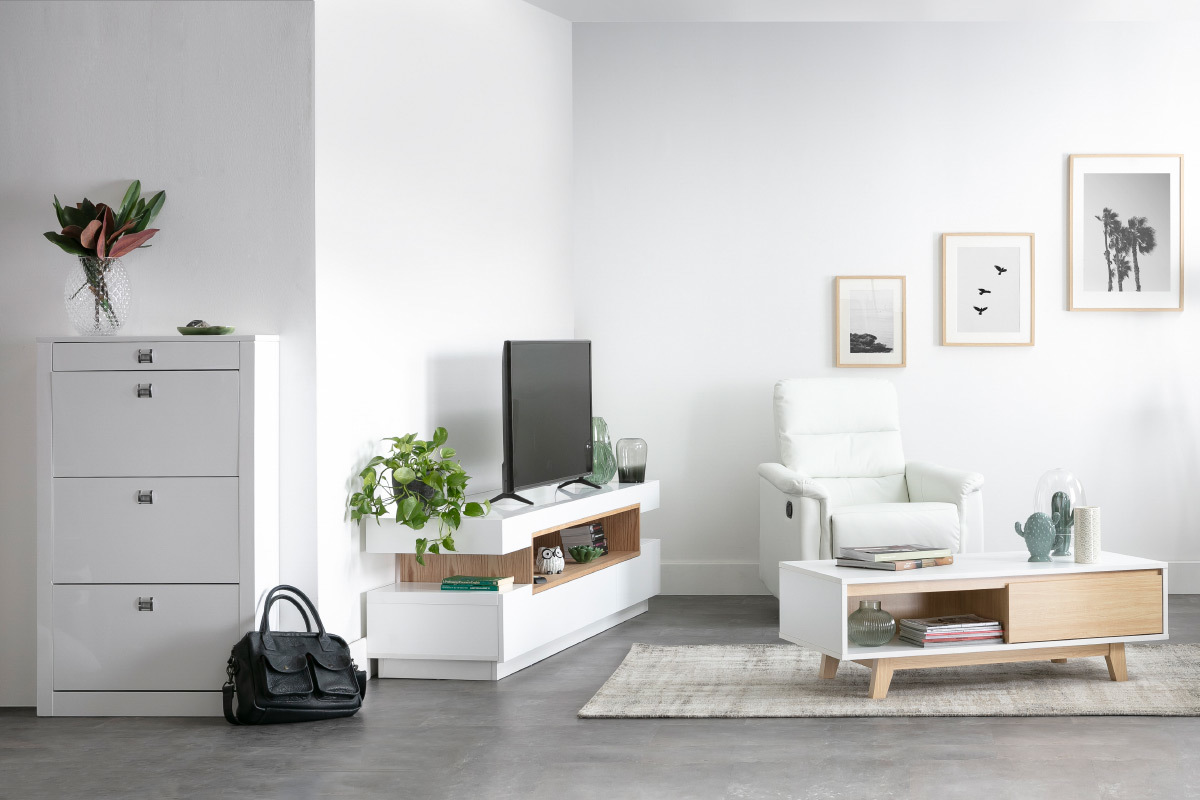Meuble TV design blanc laqu� brillant et bois L200 cm LIVO
