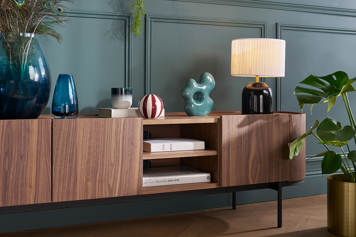 Meuble TV design bois fonc noyer et mtal noir avec rangements L180 cm SKYE