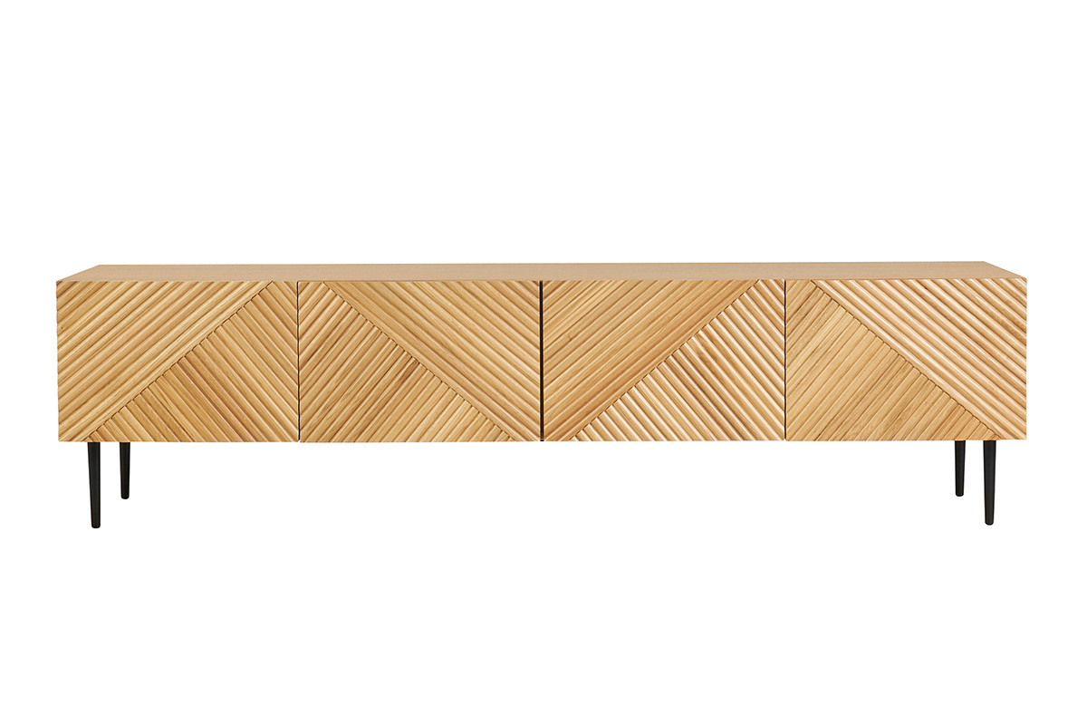 Meuble TV design en bois clair chne massif grav et mtal noir 4 portes L180 cm ARCHIPEL