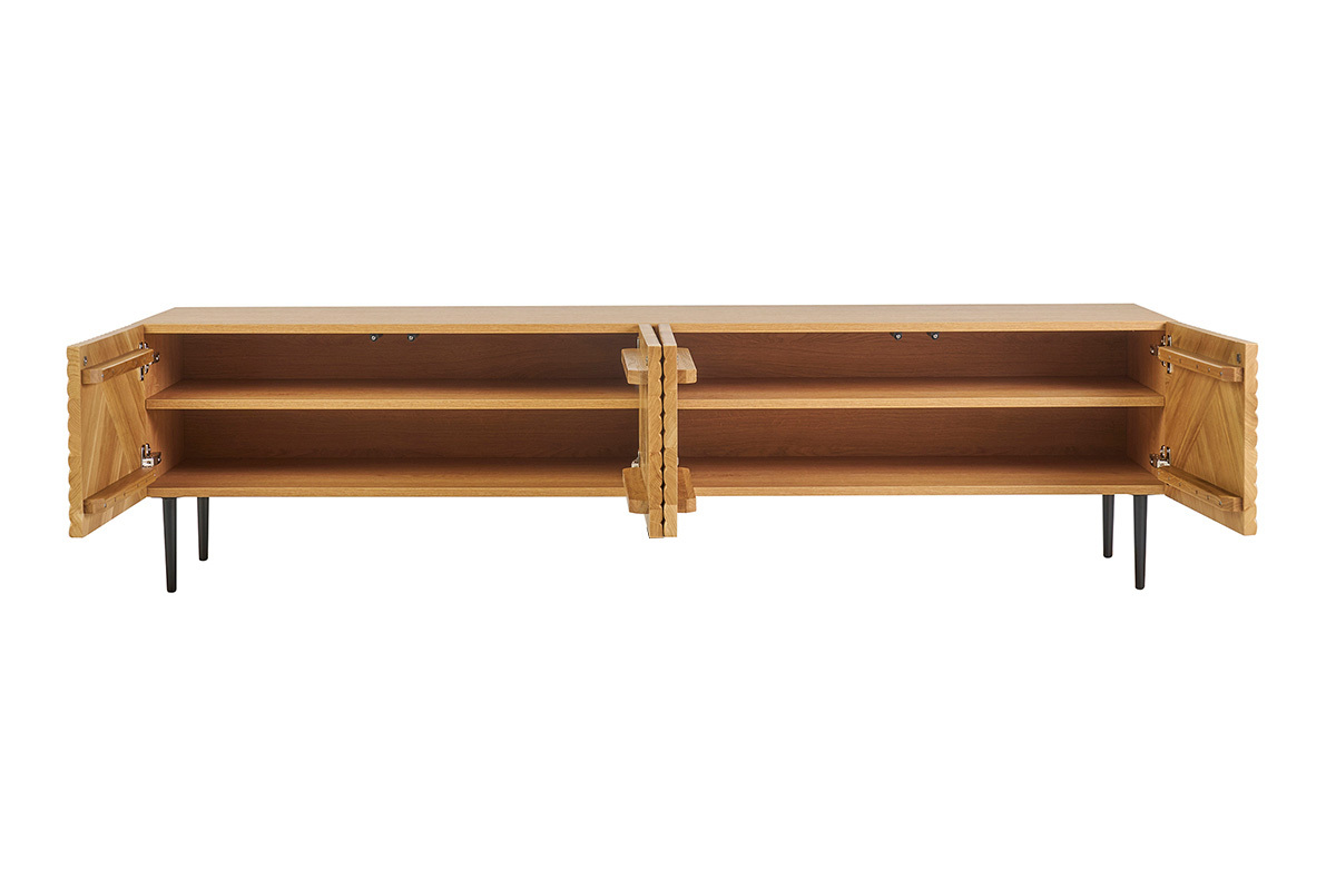 Meuble TV design en bois clair chne massif grav et mtal noir 4 portes L180 cm ARCHIPEL