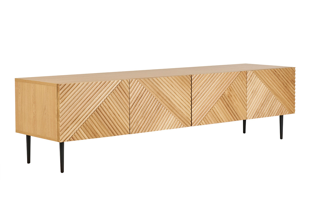 Meuble TV design en bois clair chne massif grav et mtal noir 4 portes L180 cm ARCHIPEL