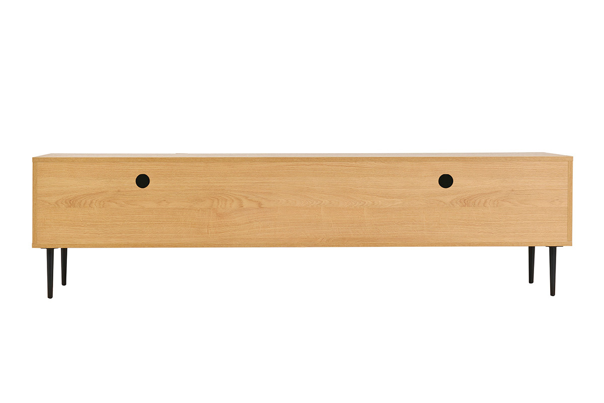 Meuble TV design en bois clair chne massif grav et mtal noir 4 portes L180 cm ARCHIPEL