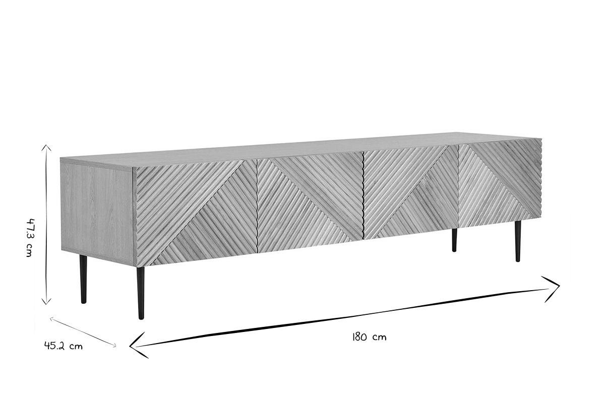 Meuble TV design en bois clair chne massif grav et mtal noir 4 portes L180 cm ARCHIPEL