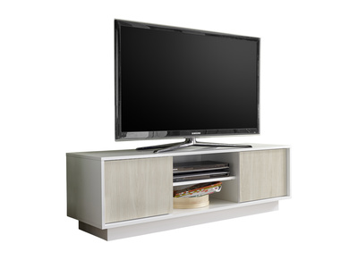 Meuble TV design laqu&eacute; blanc brillant et effet chene L138 cm HERO