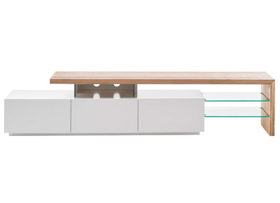 Meuble TV design laqu&eacute; blanc mat plateau ch&ecirc;ne L204 cm MEDIA