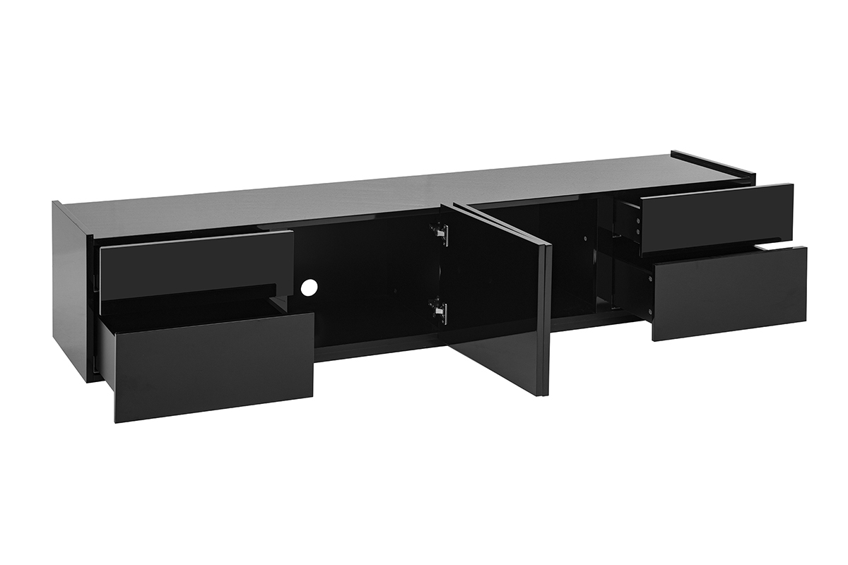 Meuble TV design noir laqu� brillant avec rangements L200 cm ISAURE