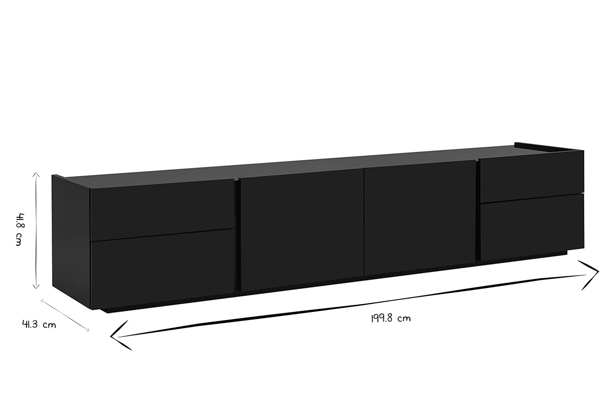 Meuble TV design noir laqu� brillant avec rangements L200 cm ISAURE