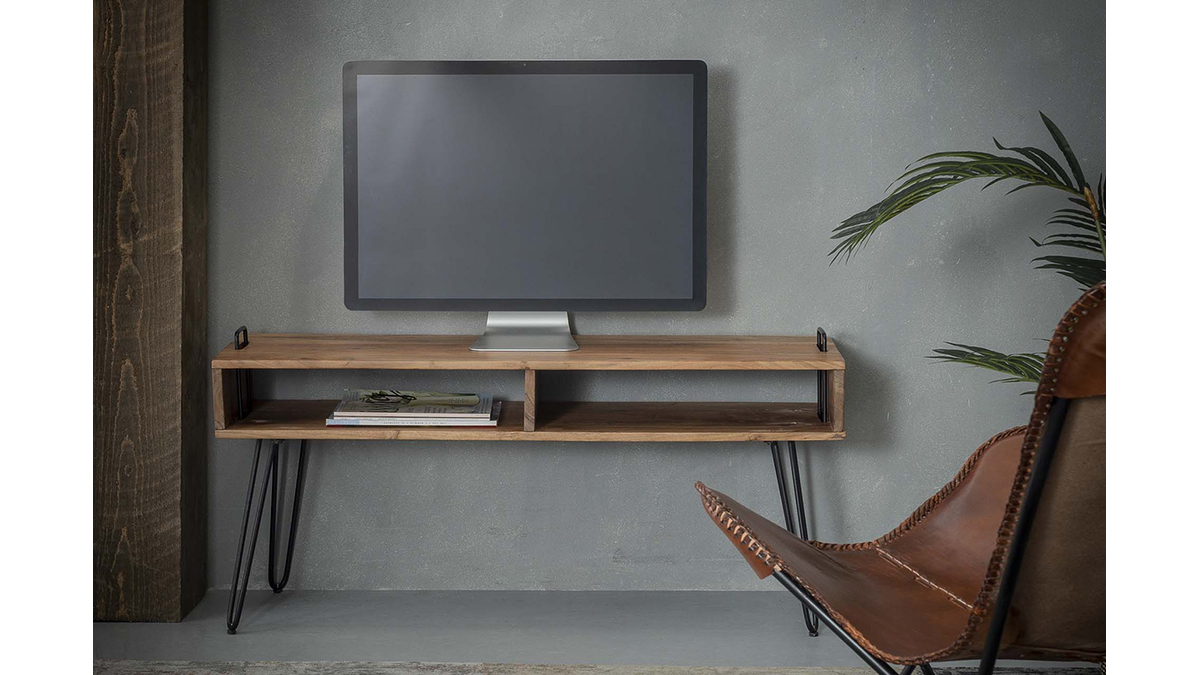 Meuble TV en acacia massif et métal noir L110 ALVIN