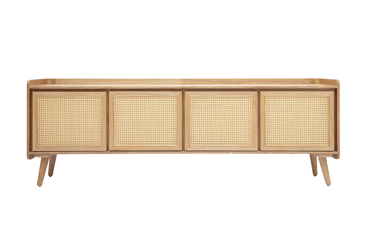 Meuble TV en bois clair fr�ne et cannage rotin L200 cm ELSY
