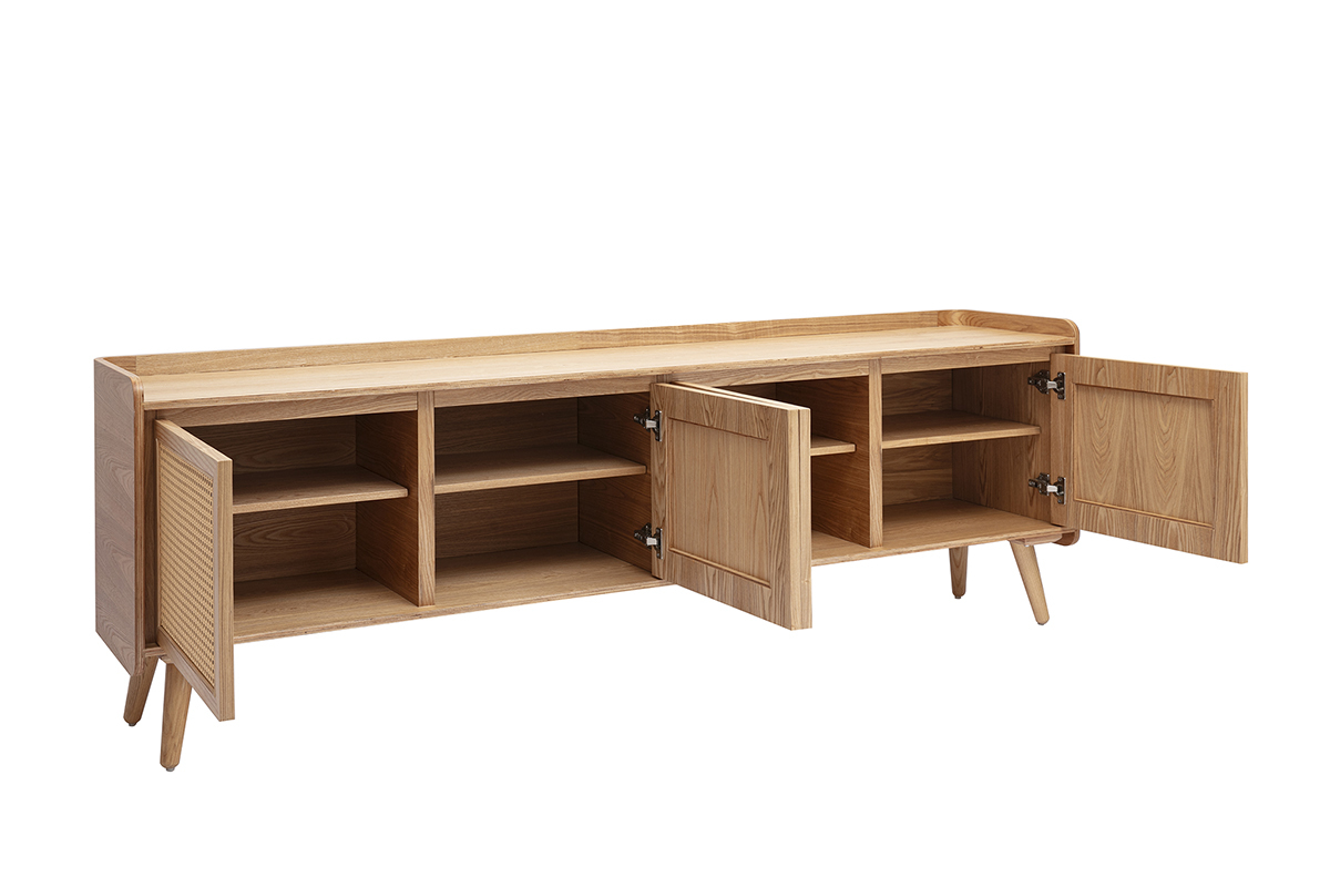 Meuble TV en bois clair fr�ne et cannage rotin L200 cm ELSY