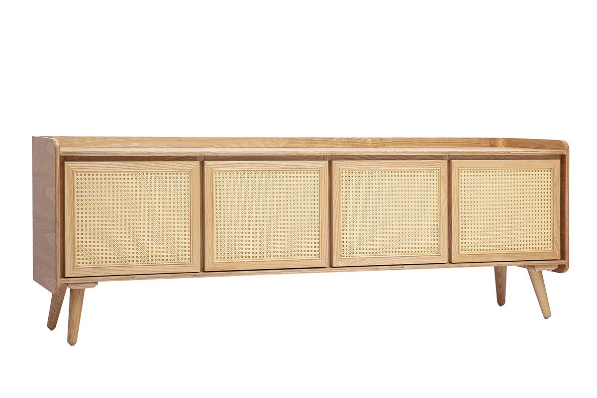 Meuble TV en bois clair fr�ne et cannage rotin L200 cm ELSY