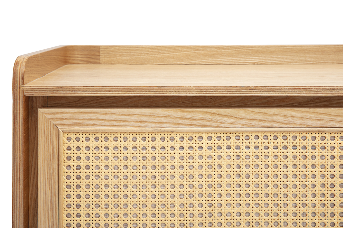 Meuble TV en bois clair fr�ne et cannage rotin L200 cm ELSY
