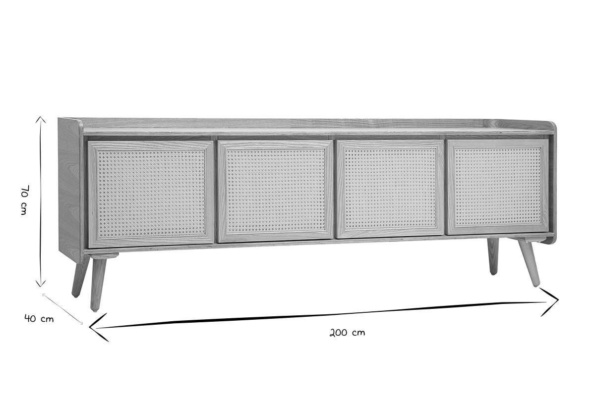 Meuble TV en bois clair fr�ne et cannage rotin L200 cm ELSY