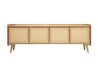 Meuble TV en bois clair fr&ecirc;ne et cannage rotin L200 cm ELSY