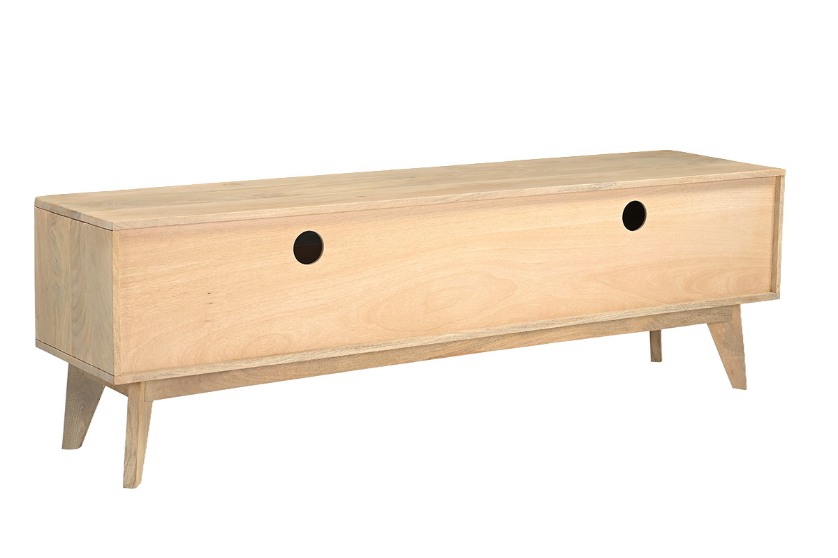 Meuble TV en bois clair manguier massif avec porte coulissante L160 cm ALDA