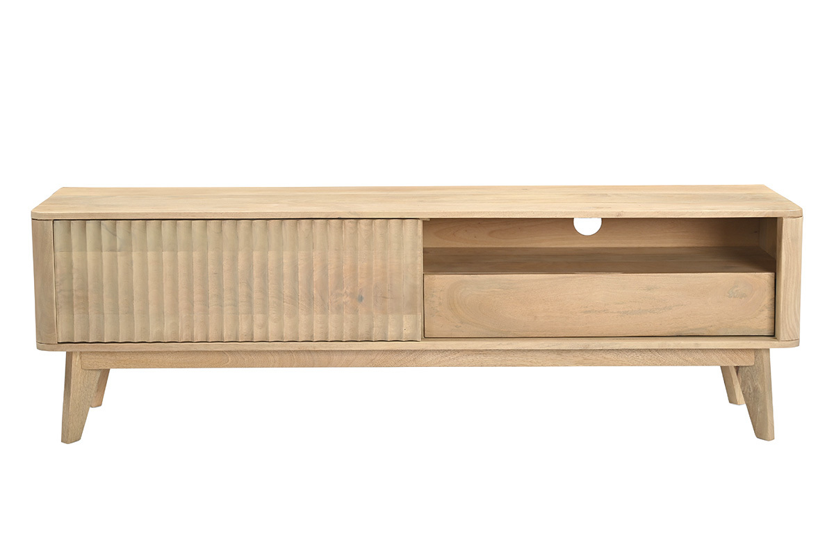 Meuble TV en bois clair manguier massif avec porte coulissante L160 cm ALDA