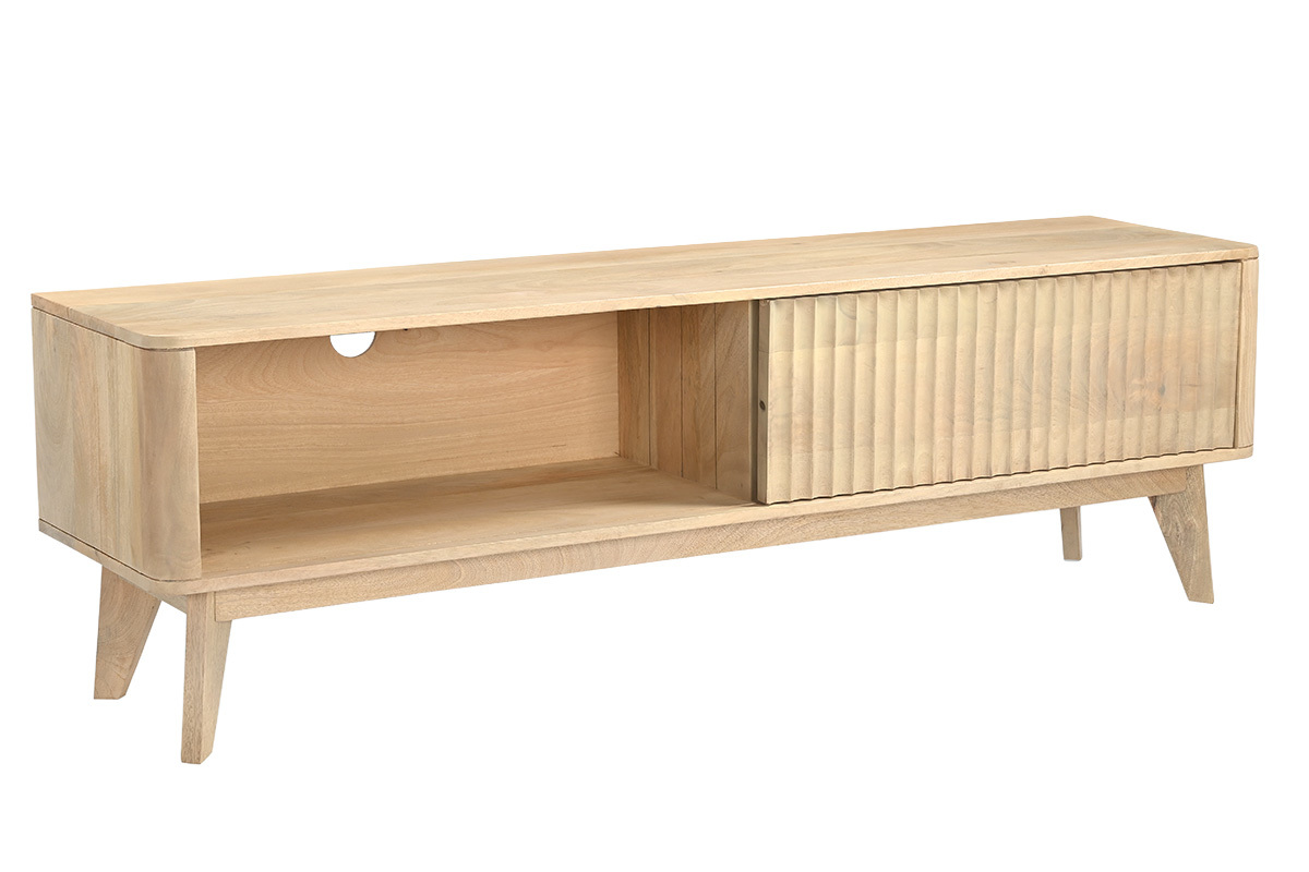 Meuble TV en bois clair manguier massif avec porte coulissante L160 cm ALDA