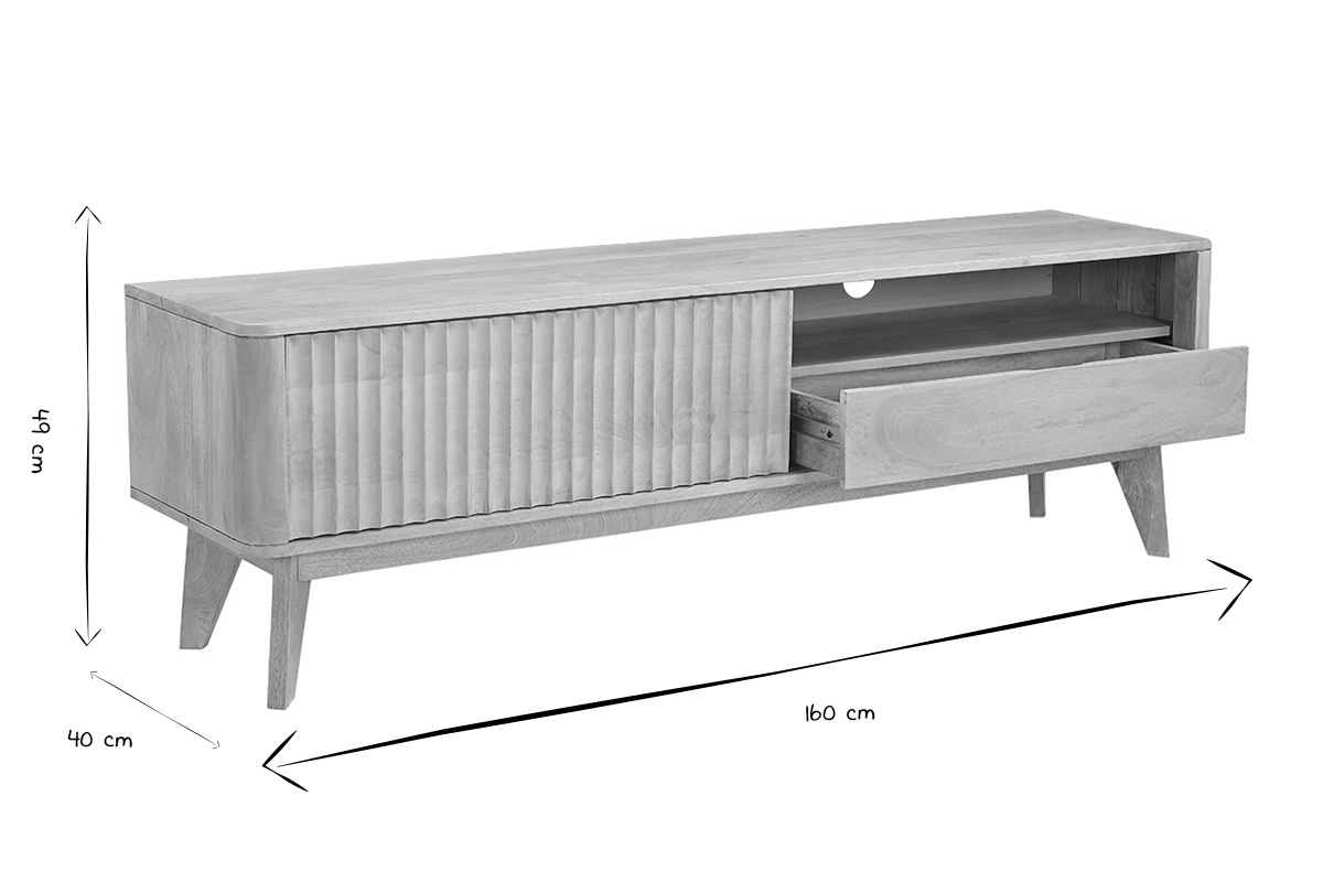 Meuble TV en bois clair manguier massif avec porte coulissante L160 cm ALDA