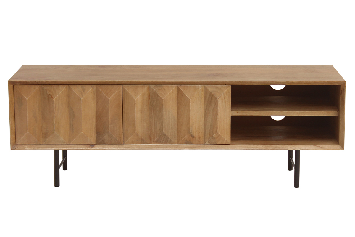 Meuble TV en bois clair manguier massif grav et mtal noir L120 cm AGRA