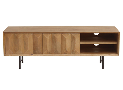 Meuble TV en bois clair manguier massif gravé et métal noir L120 cm AGRA