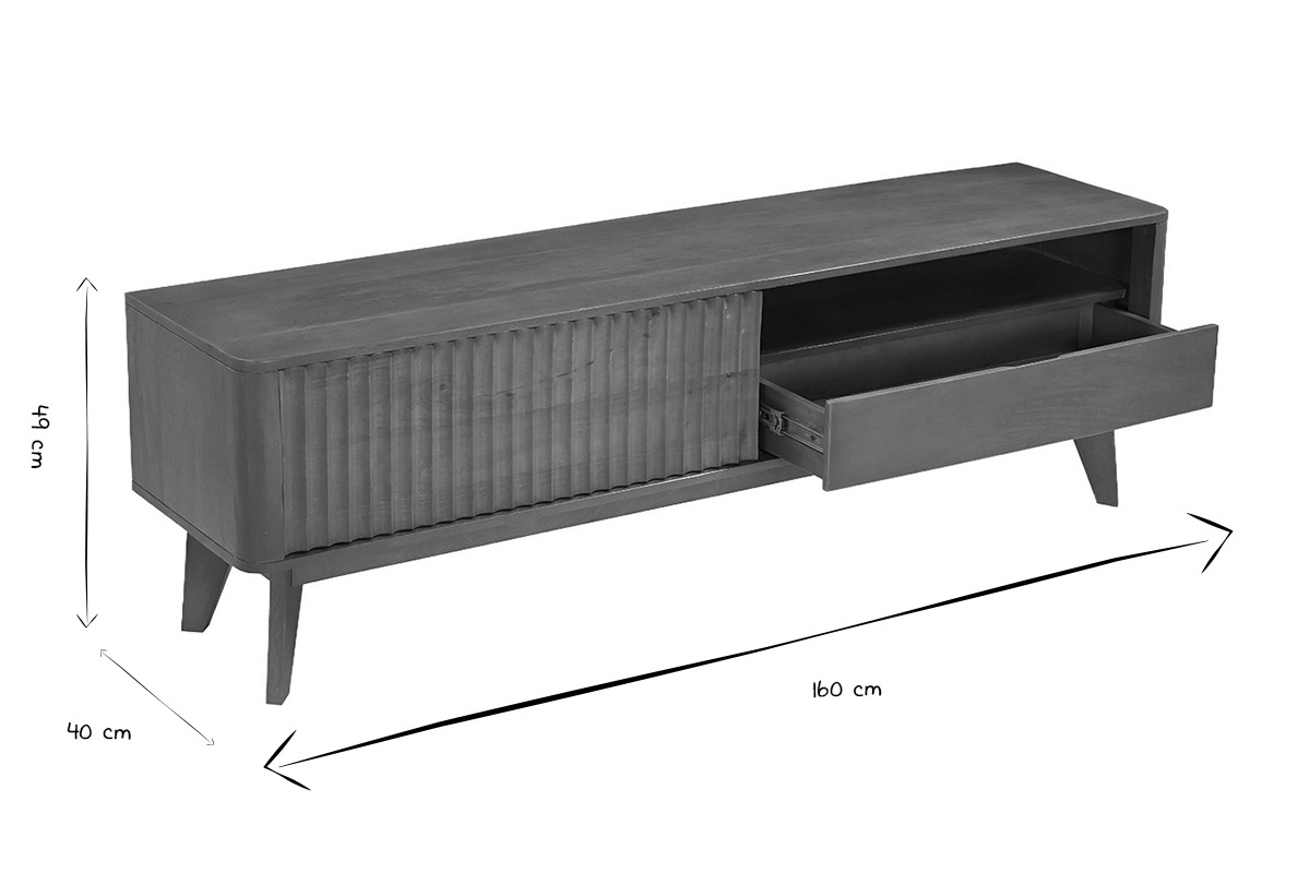 Meuble TV en bois fonc� manguier massif avec porte coulissante L160 cm ALDA