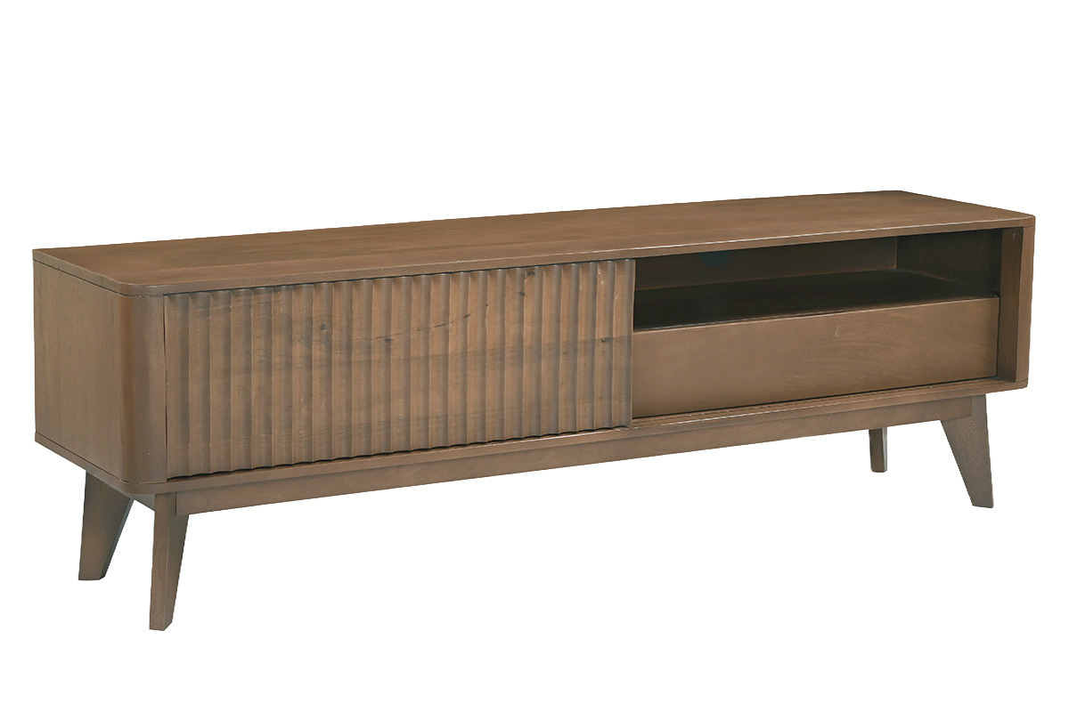 Meuble TV en bois fonc� manguier massif avec porte coulissante L160 cm ALDA
