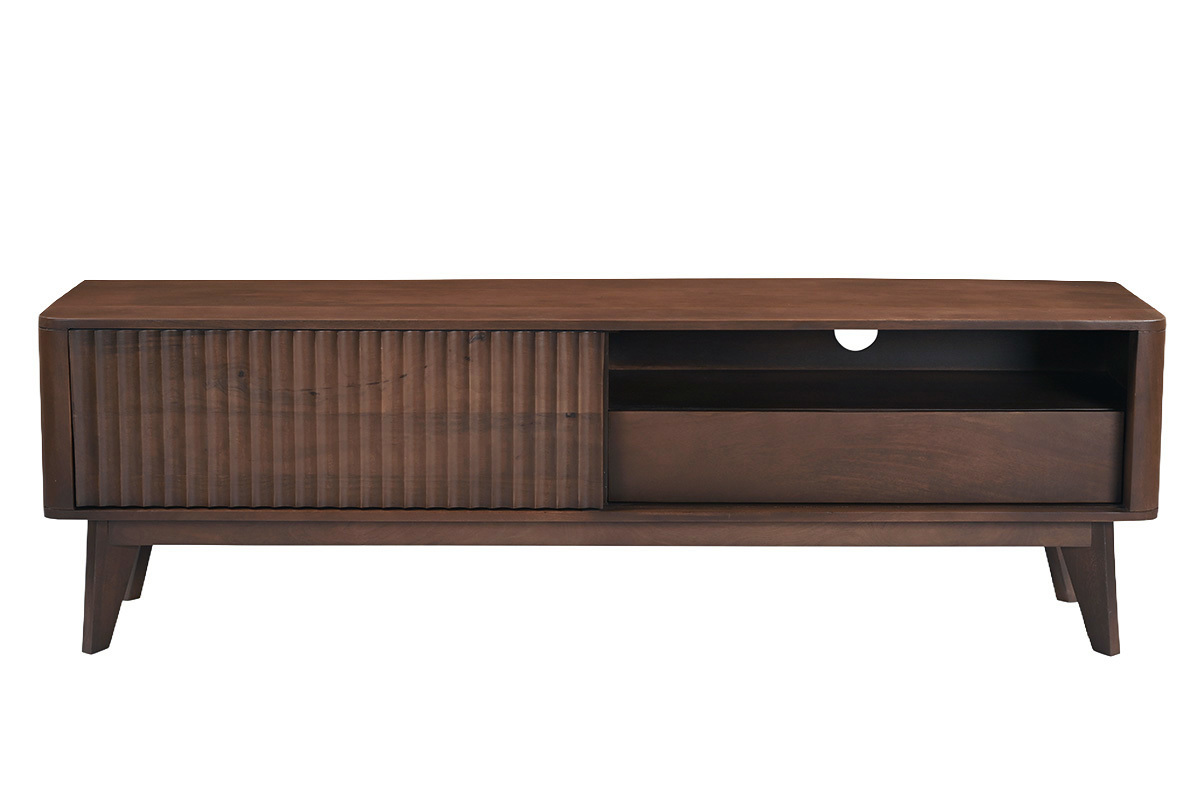 Meuble TV en bois fonc� manguier massif avec porte coulissante L160 cm ALDA