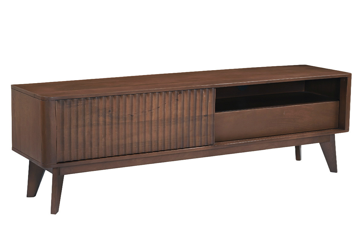 Meuble TV en bois fonc� manguier massif avec porte coulissante L160 cm ALDA