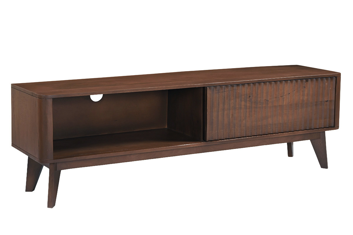 Meuble TV en bois fonc� manguier massif avec porte coulissante L160 cm ALDA