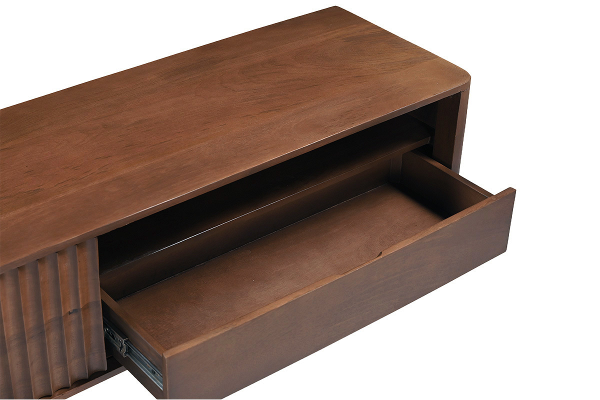 Meuble TV en bois fonc� manguier massif avec porte coulissante L160 cm ALDA