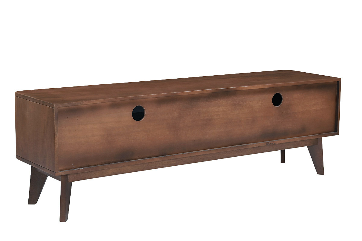 Meuble TV en bois fonc� manguier massif avec porte coulissante L160 cm ALDA