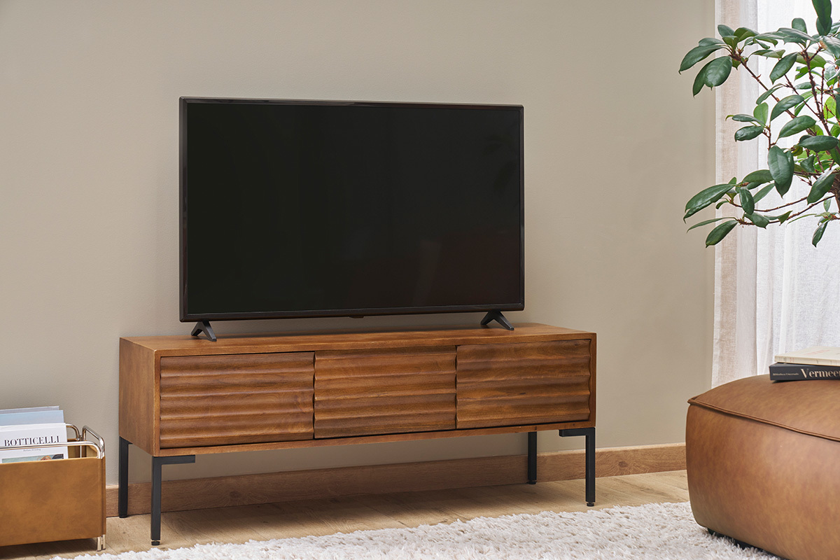 Meuble TV en bois fonc manguier massif et mtal noir 3 portes L120 cm ONDA