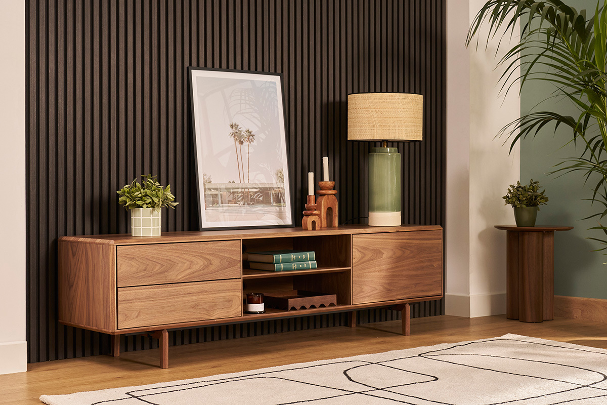 Meuble TV en bois fonc noyer 1 porte 2 tiroirs L180 cm SUVA