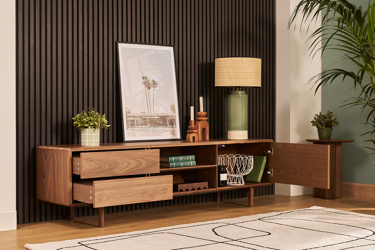 Meuble TV en bois fonc noyer 1 porte 2 tiroirs L180 cm SUVA