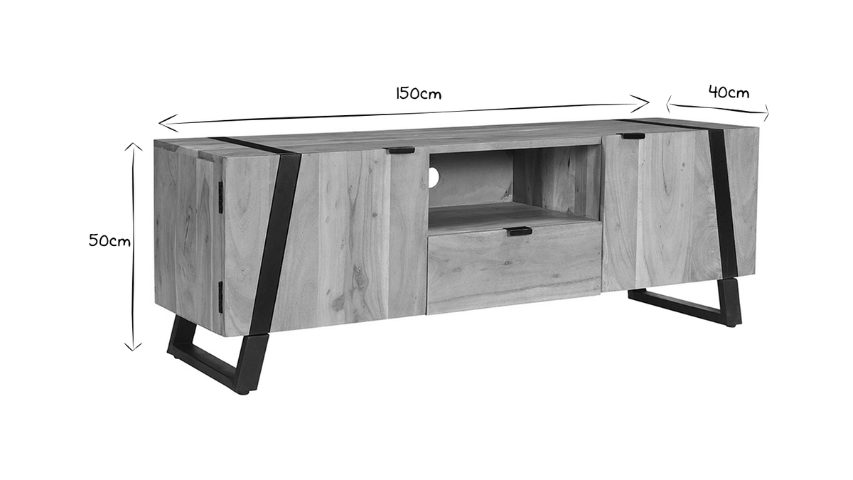 Meuble TV en bois massif et mtal noir L150 cm ALVARO