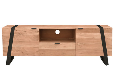 Meuble TV en bois massif et m&eacute;tal noir L150 cm ALVARO